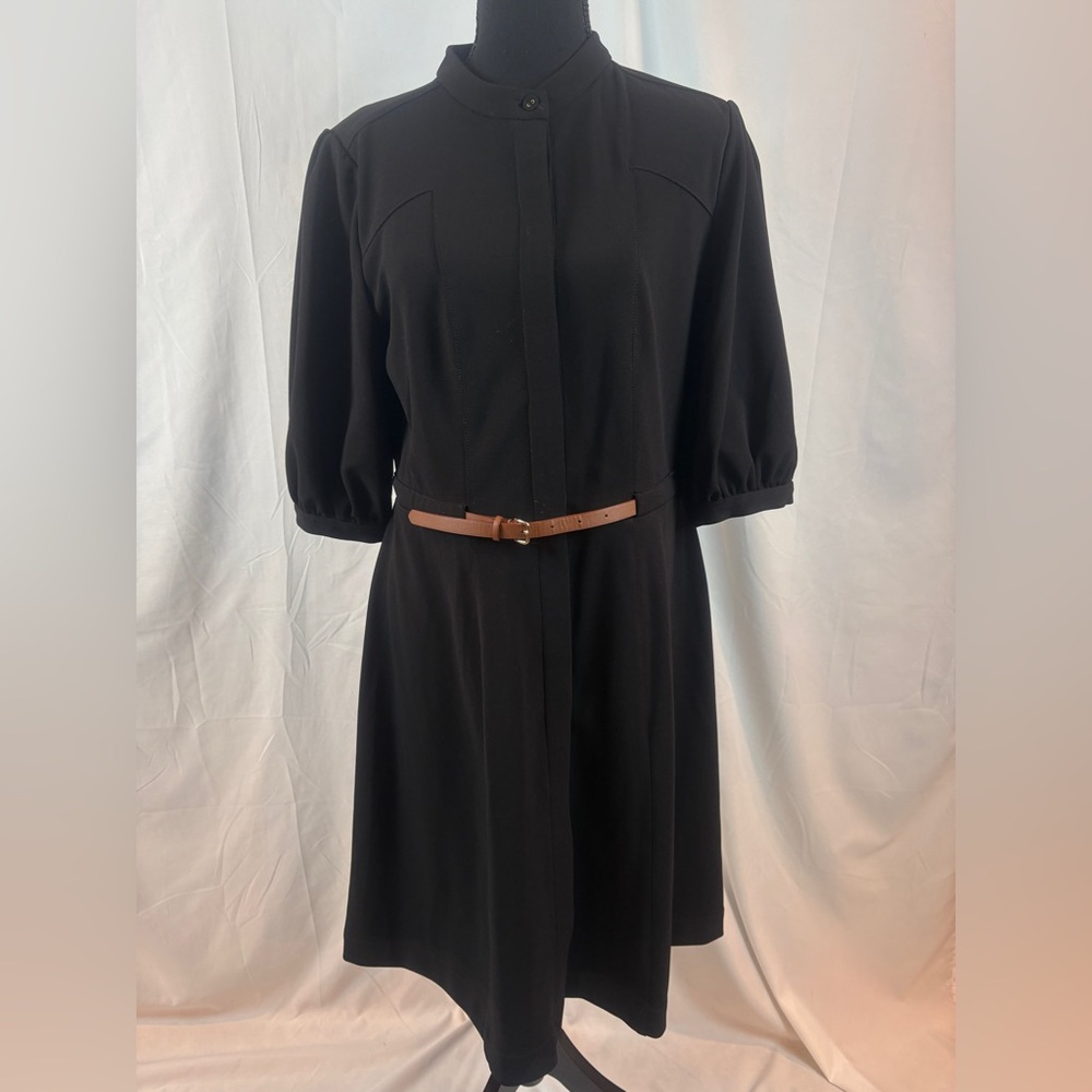 Calvin Klein Elegant Black Midi Dress with Brown Belt Accent